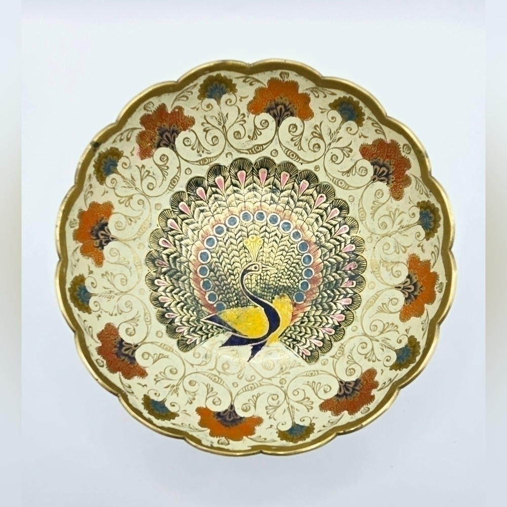 Vintage Enamel Peacock Bowl Brass Tone Scalloped Edge Mid Century Decor